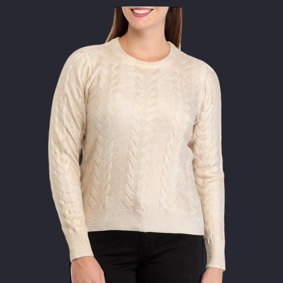 Crown & Ivy Cable Knit Gold Metallic Sweater - Size PM (Petite Medium) NWT - Picture 2 of 9